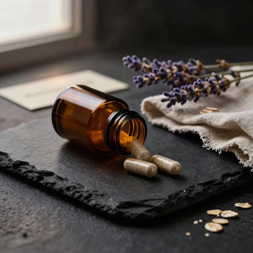 Amber capsule bottle tipped with lavender stalks, open capsules, and linen on black stone.