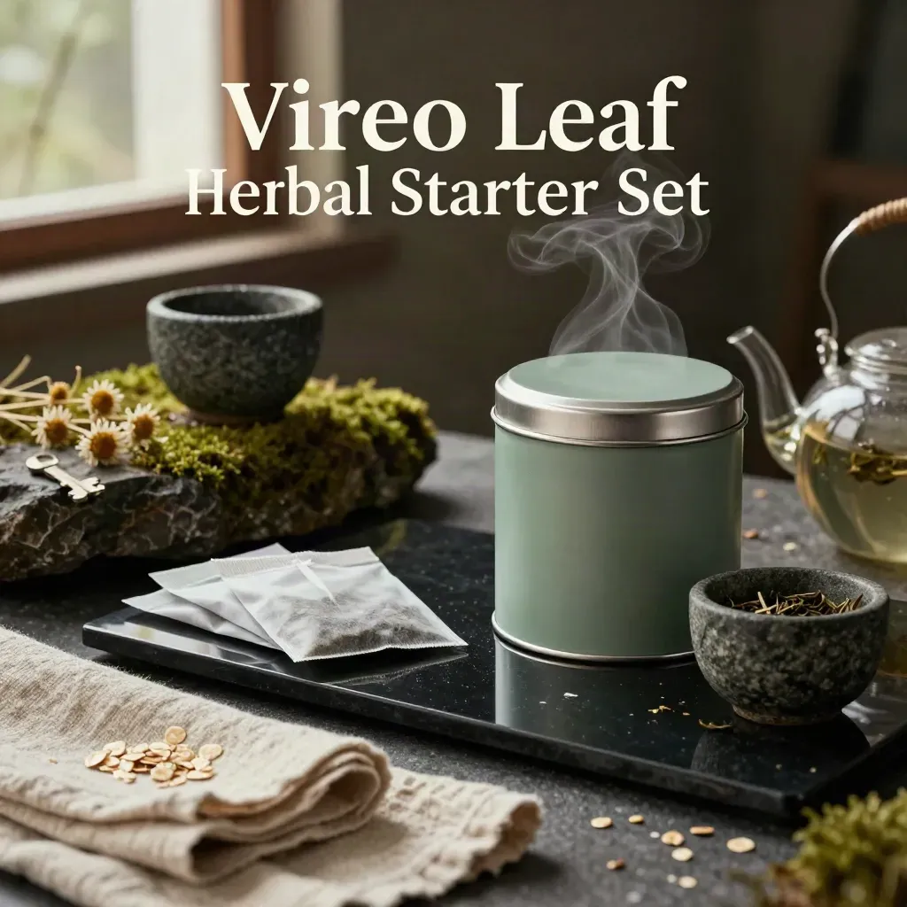 Low hero tea set with tin, pouches, steaming teapot, cup, linen and chamomile on moss stone.