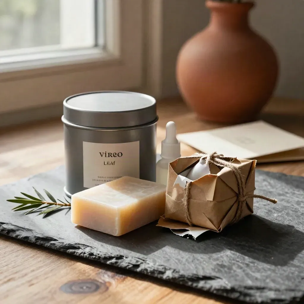 A tea tin, soap bar, and serum bottle in kraft wrap on a slate-and-wood worktop.
