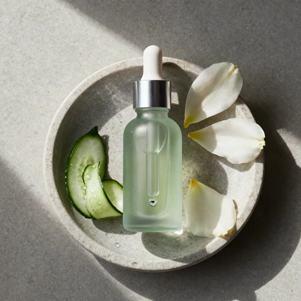 Overhead serum bottle with dropper, cucumber rind, petals, and stone dish on pale stone.