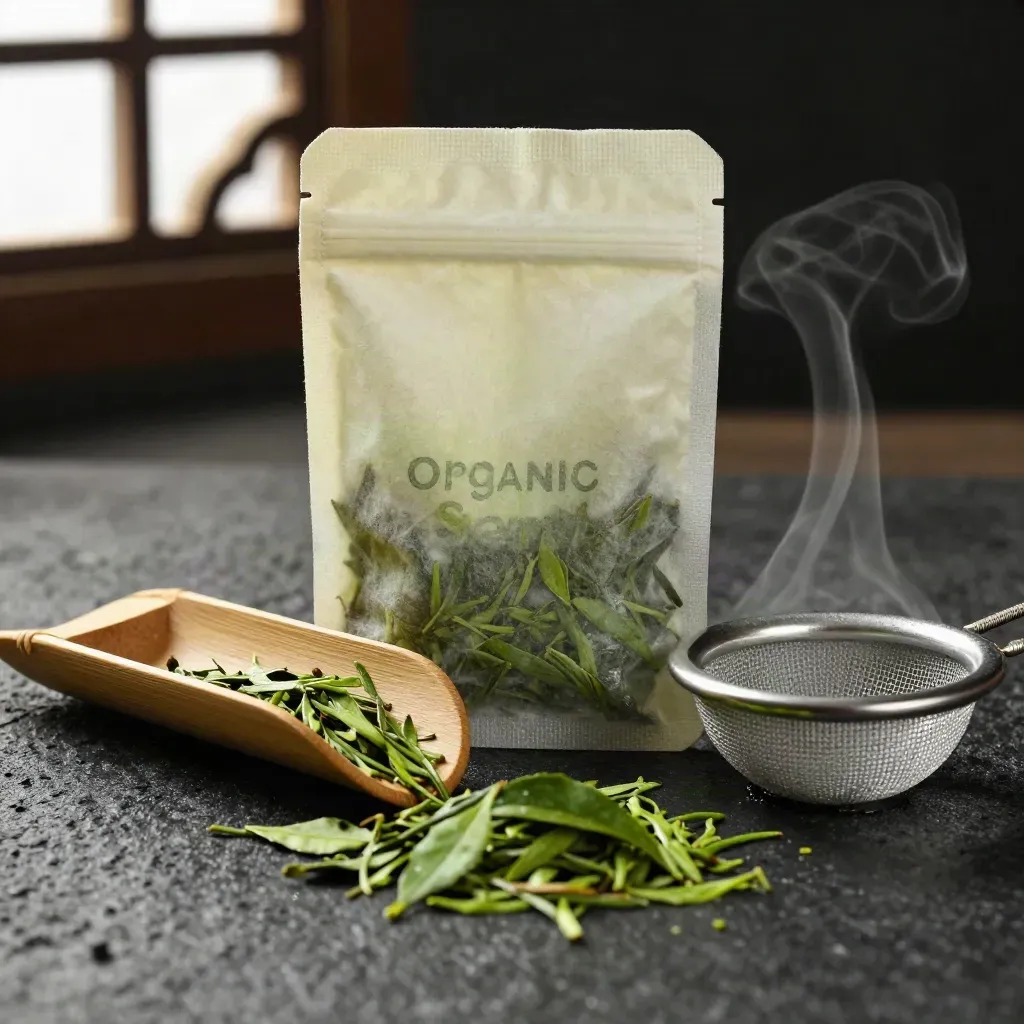 Matte sencha pouch spilling green leaves beside a bamboo scoop and ceramic sieve on wet basalt.