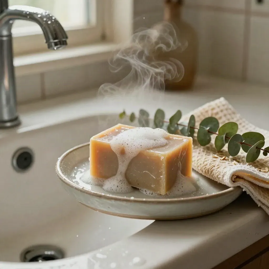 Soap bar on wet tray with towel and eucalyptus beside a sink, softly steaming.