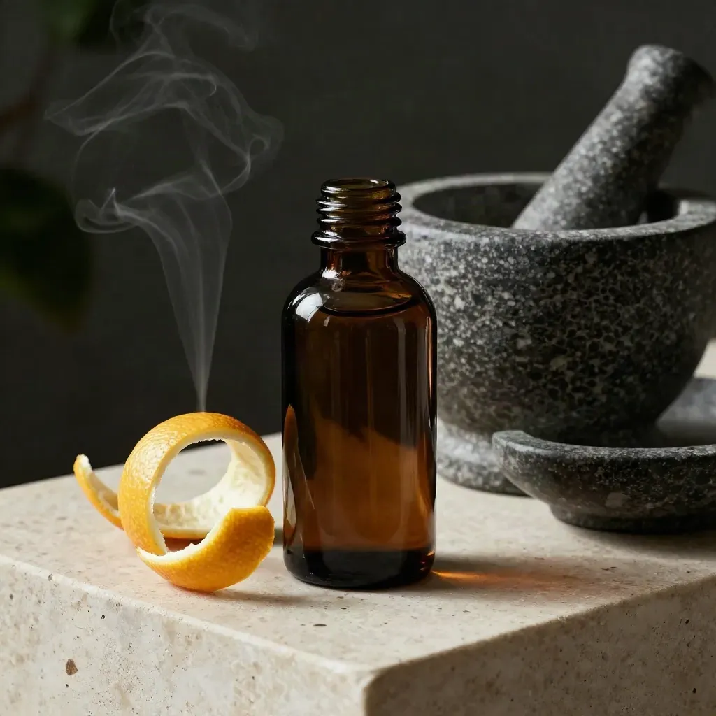 Dark bergamot oil bottle with citrus peel, mortar, tray, and mist on travertine.