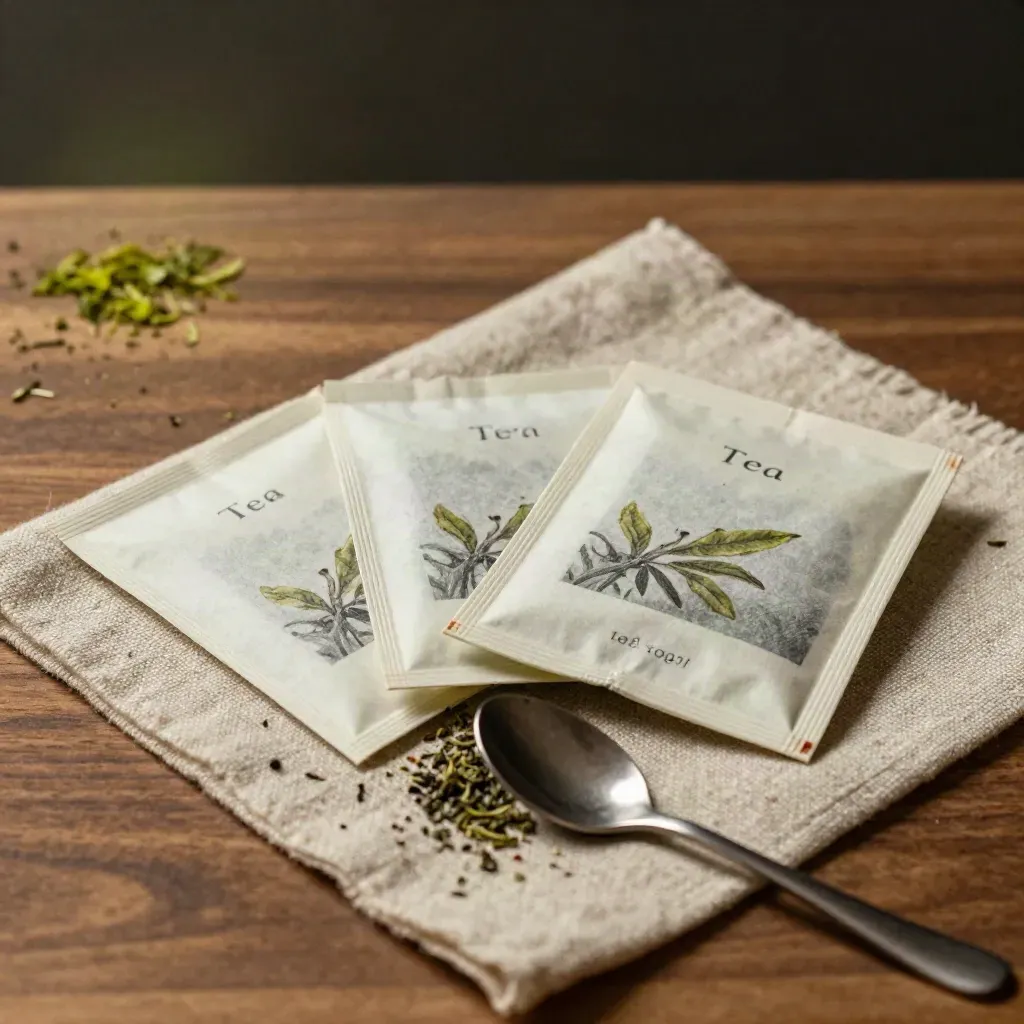 Three opened tea sampler packets with spoon and loose leaves on linen.