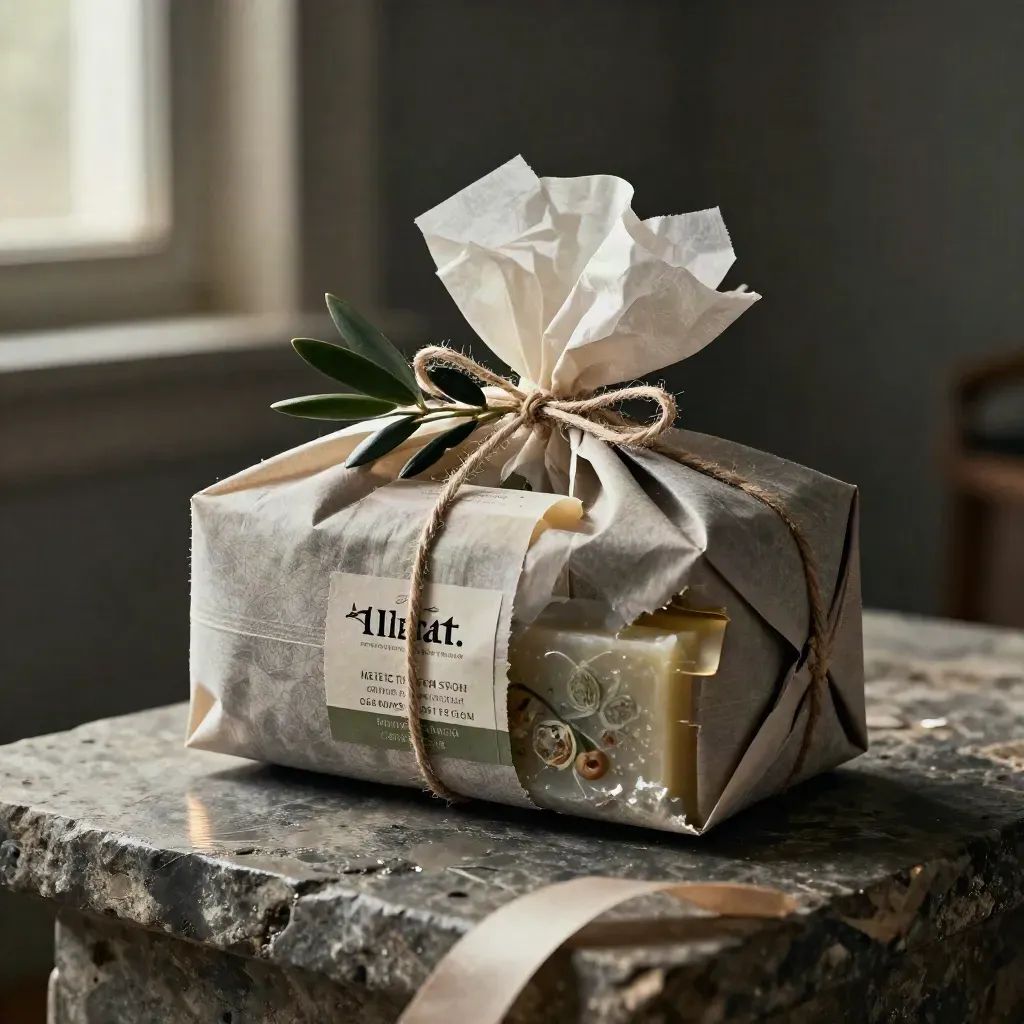 Kraft-wrapped gift bundle of tea, soap and oil on stone, with twine, tissue and olive sprig.