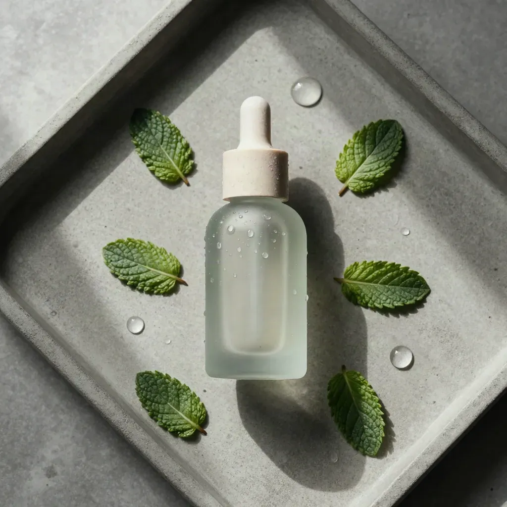 Mint serum bottle with leaves, droplets and frosted stone on a concrete tray, overhead.