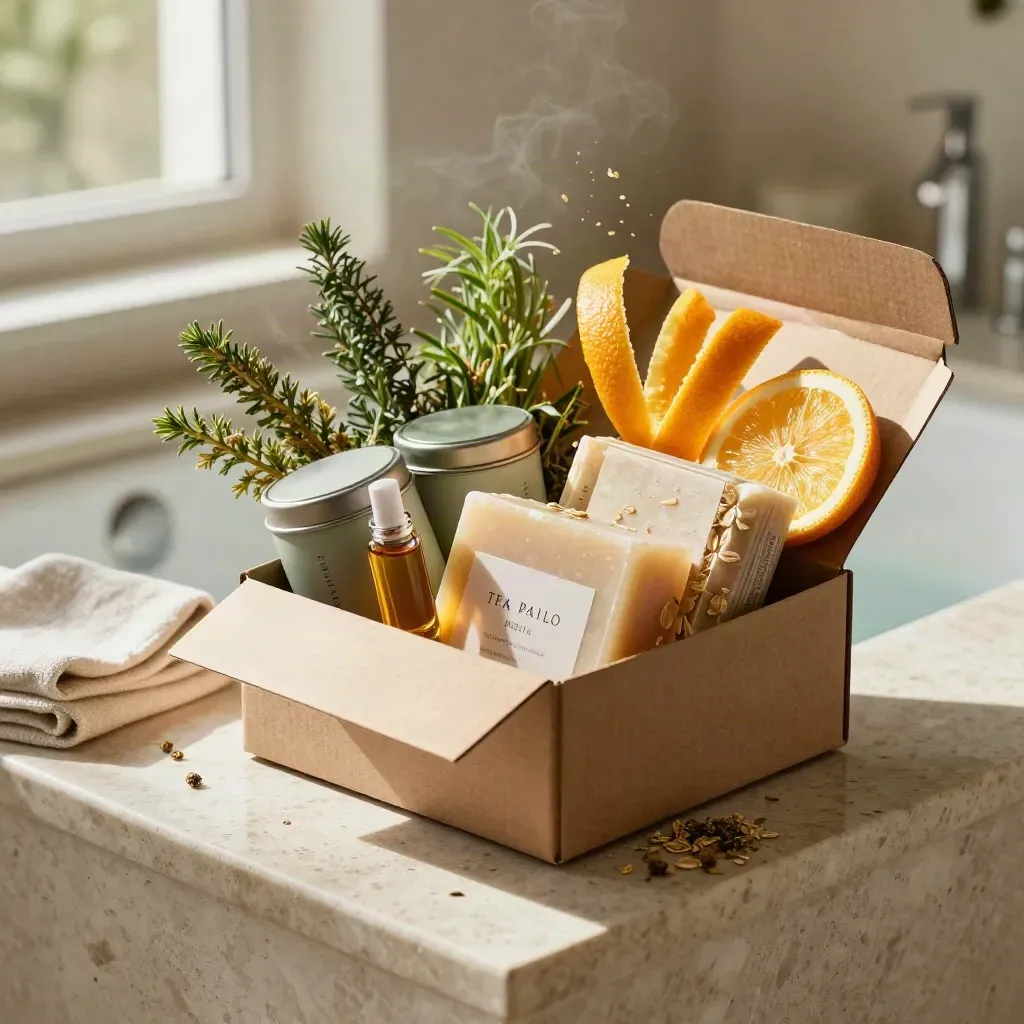 Open kraft tea-and-soap bundle spilling herbs, citrus peel, tins, soap bar, and oil on travertine.