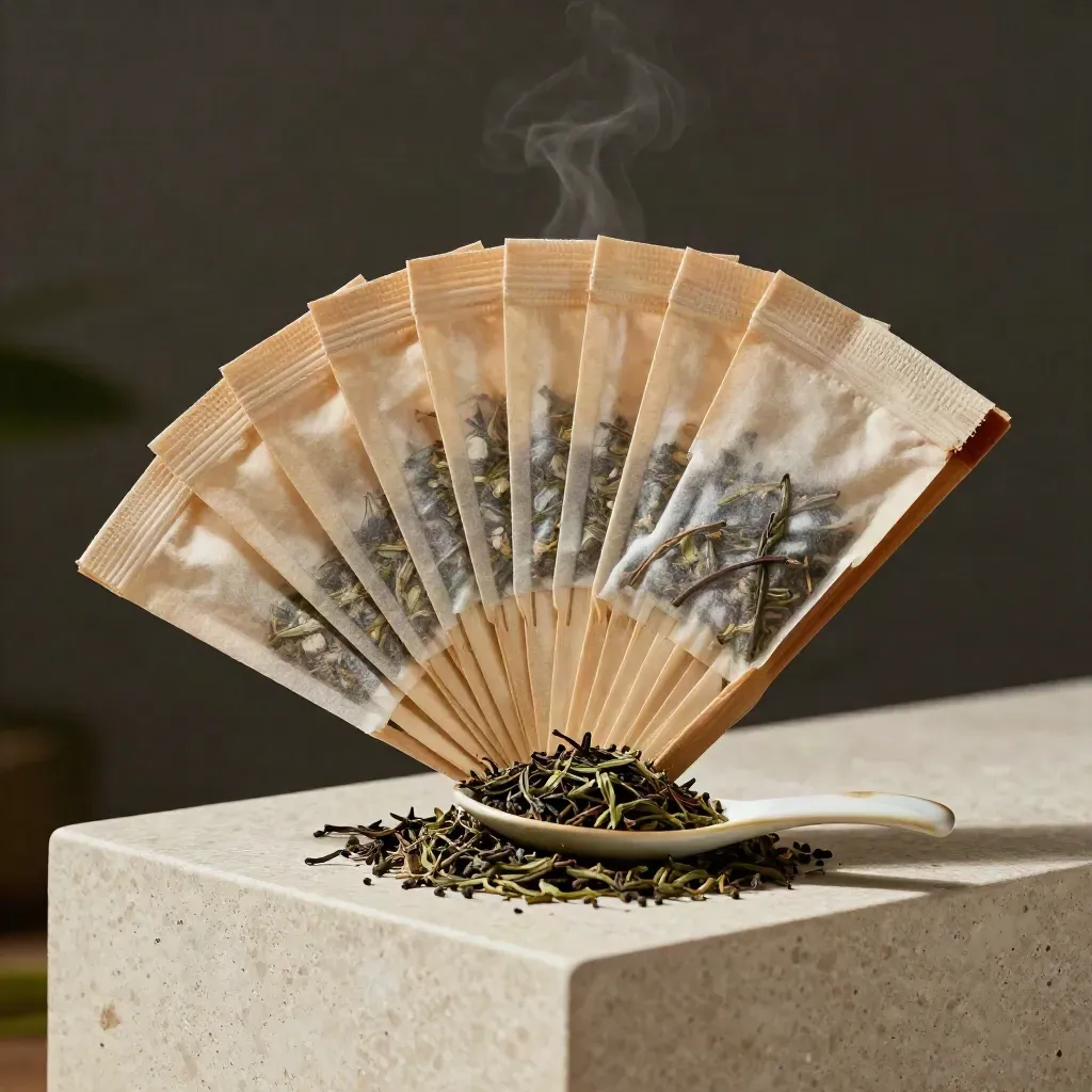 Open herbal tea sampler with sachets, spoon, loose leaves, and steam on travertine.