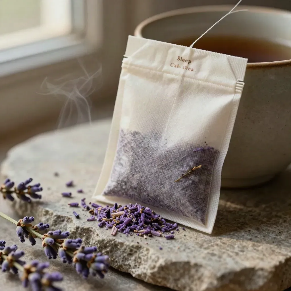 Macro lavender tea pouch, sachet, dried lavender heads and stone cup with settling petals and steam.