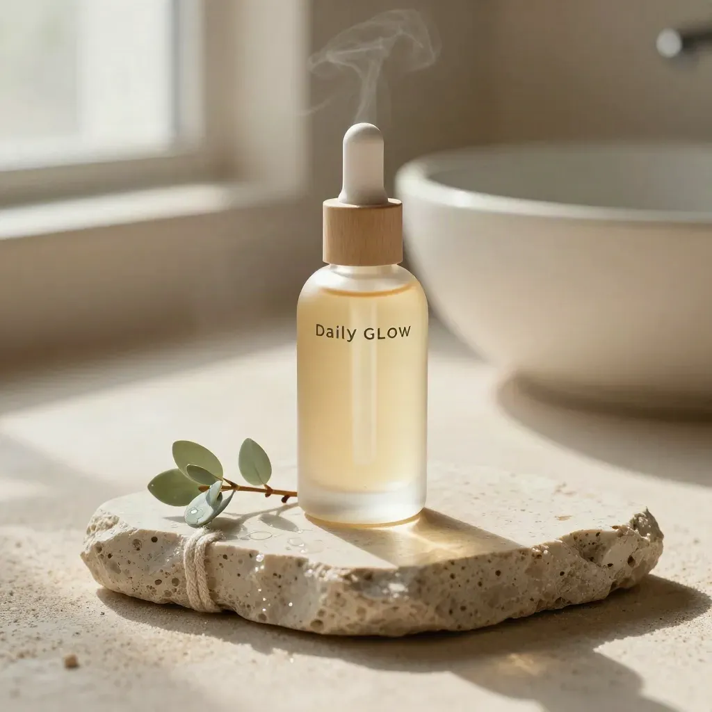 Clear serum bottle on travertine with linen loop, moss sprig, and steam-lit spa setting.