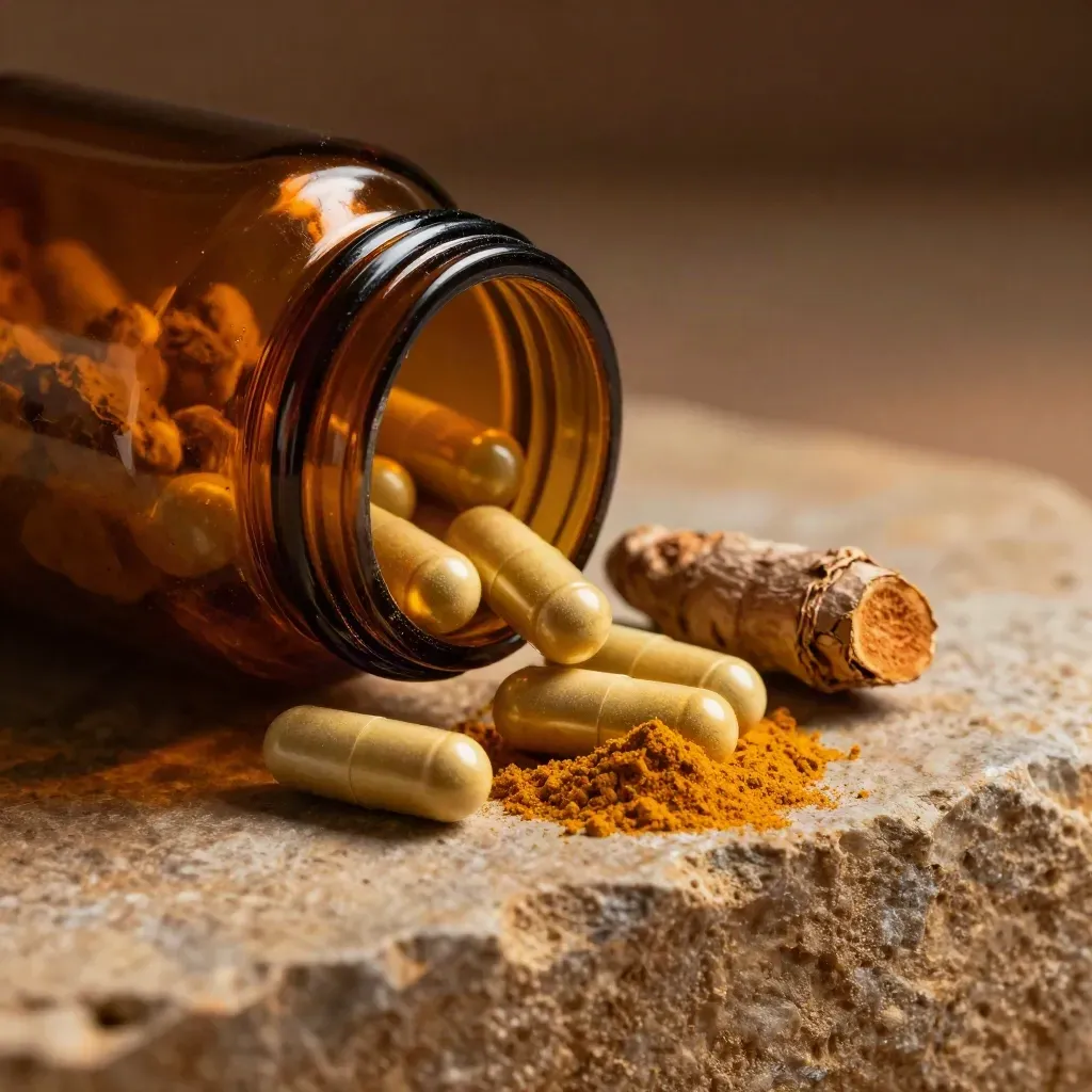 Amber jar of turmeric capsules with loose pieces and root chips, macro-lit in warm light.