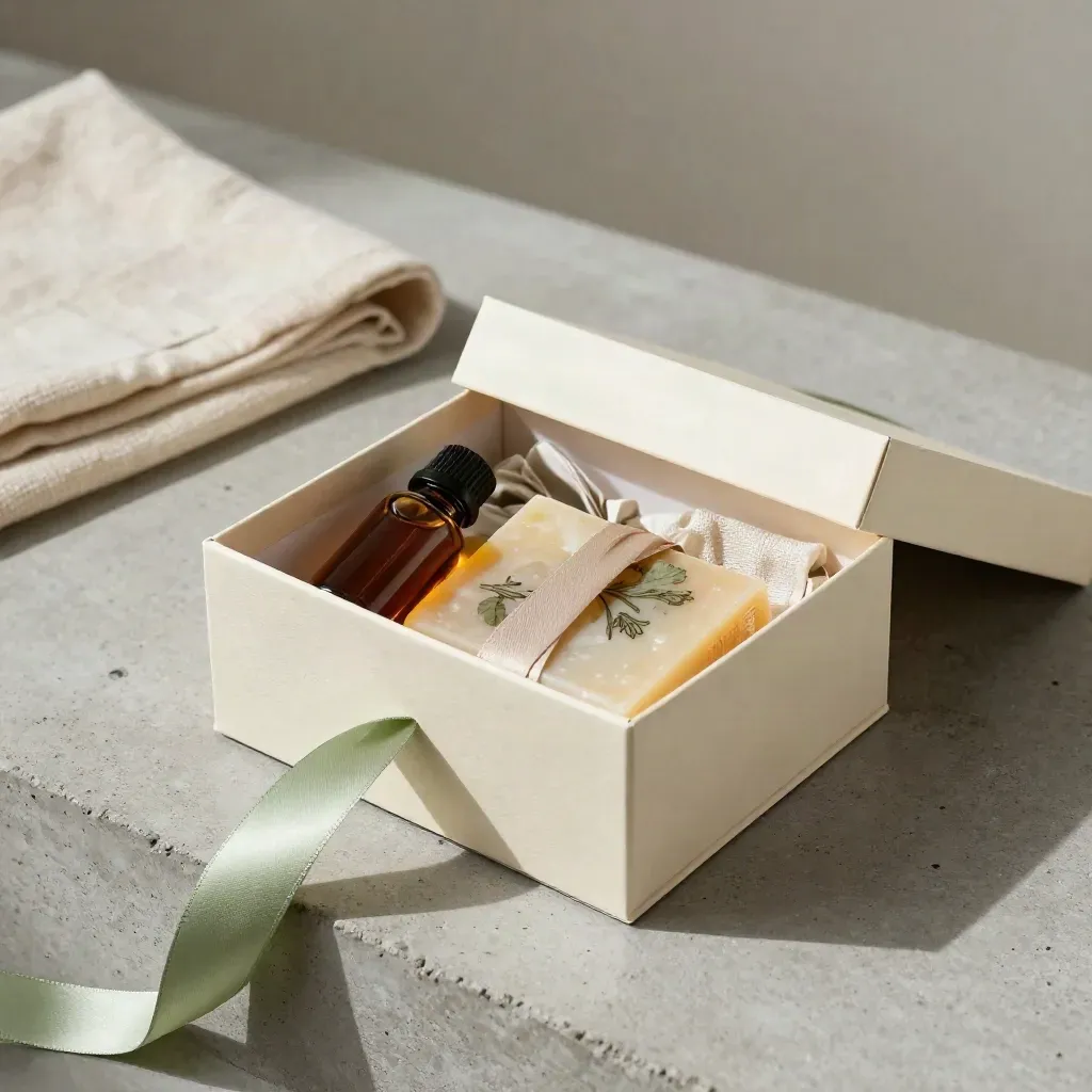 Open spa gift box with soap, tea, oil, tissue, and a sage ribbon on concrete.