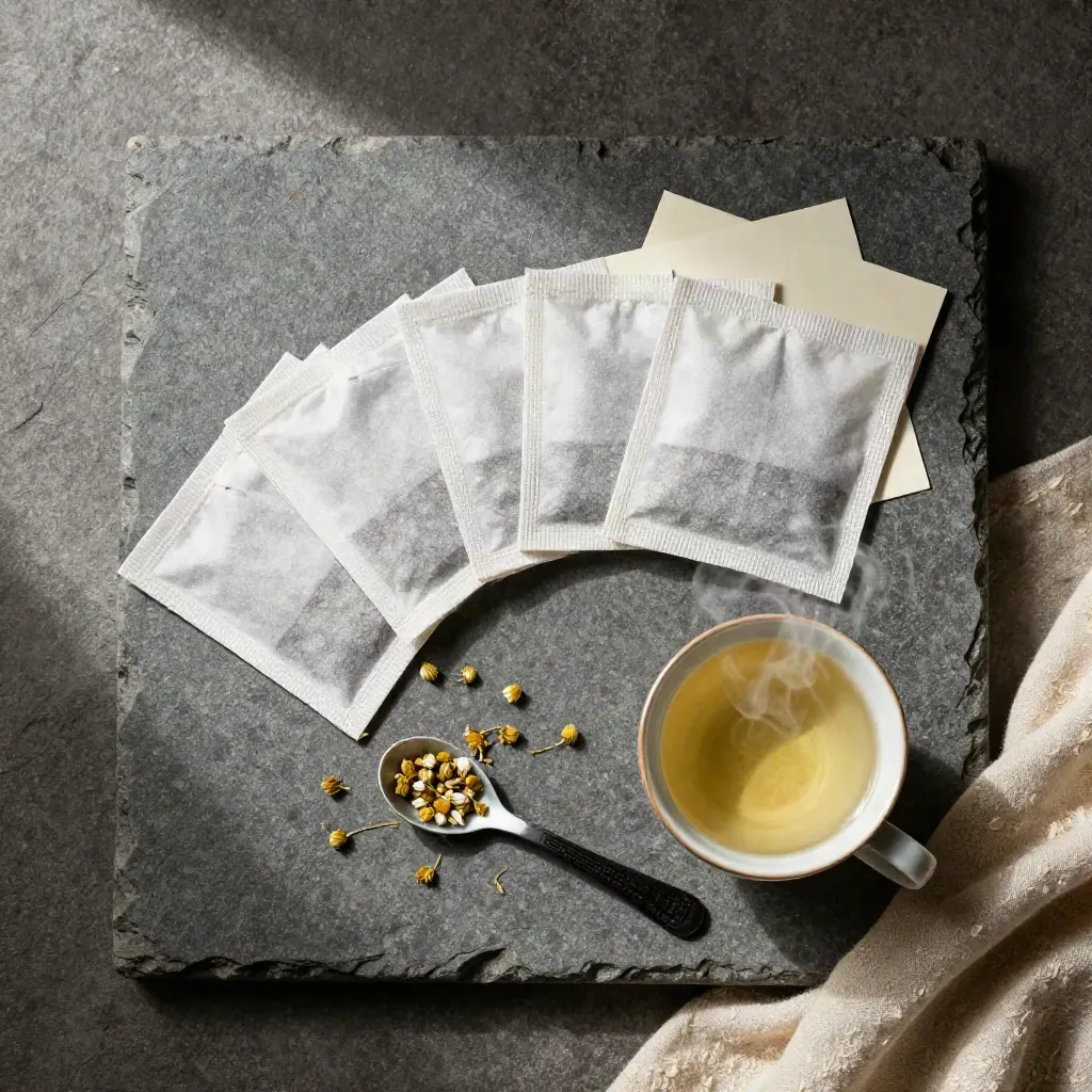 Overhead chamomile tea flatlay with sachets, steam, linen, and porcelain spoon.
