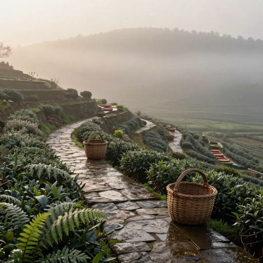 Misty terraced herb garden above a stone path, tea rows fading into dawn fog.