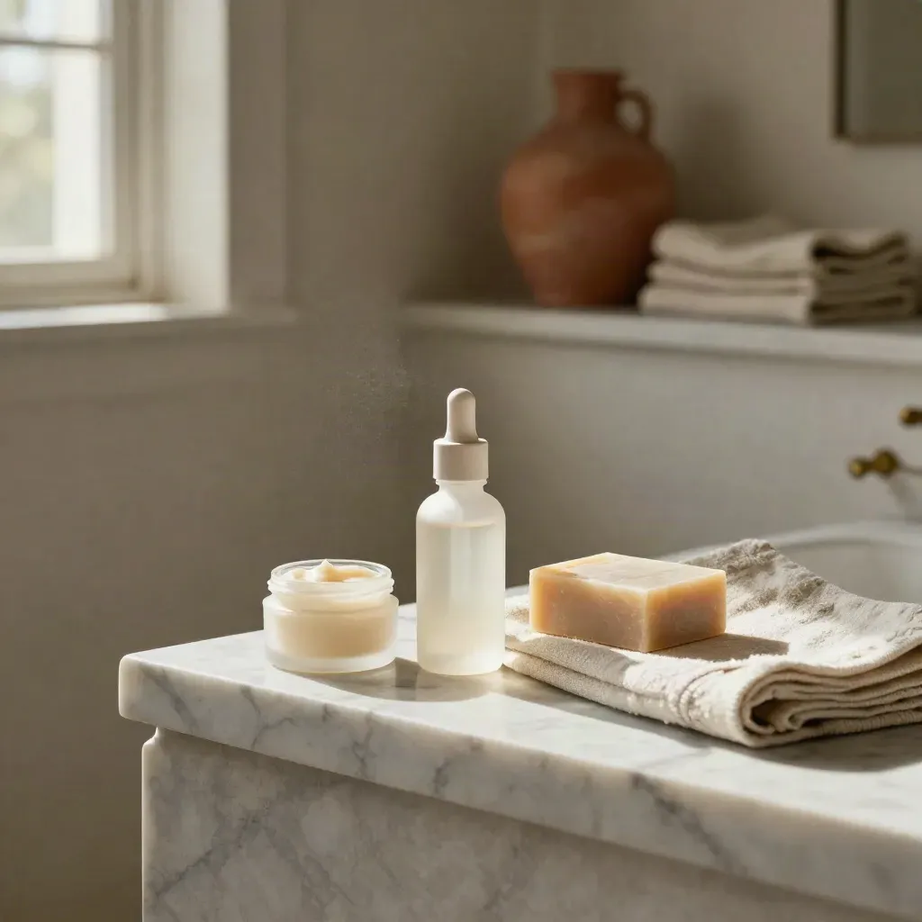 Botanical skincare bottles and linen in a sunlit marble bath alcove with terracotta accent.