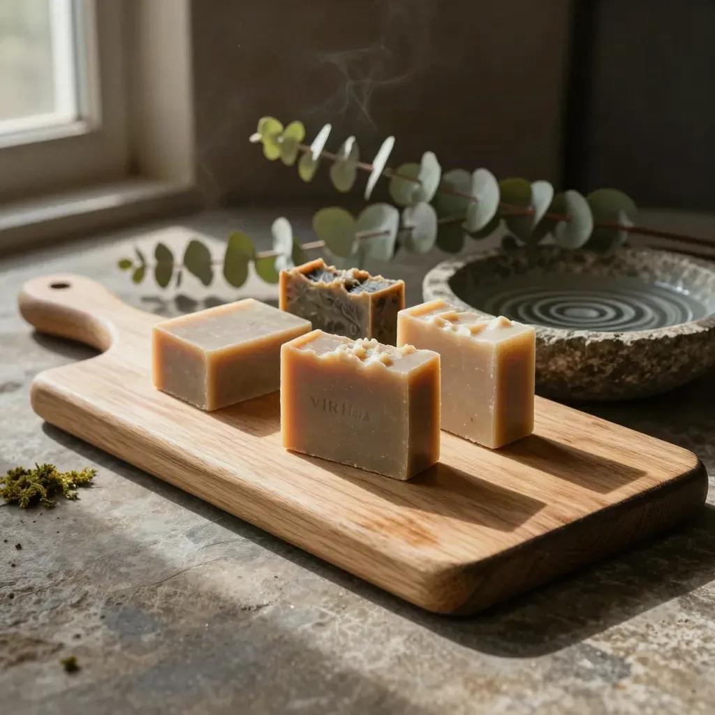 Soap bars, washboard, stone basin and eucalyptus in soft evening light.