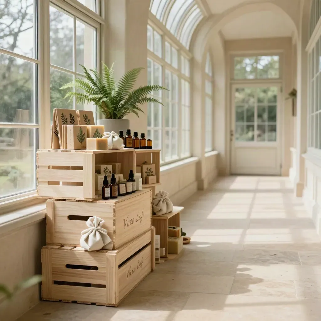 Sunlit greenhouse corridor with stacked gift sets, wooden crates, and calm copy space below.