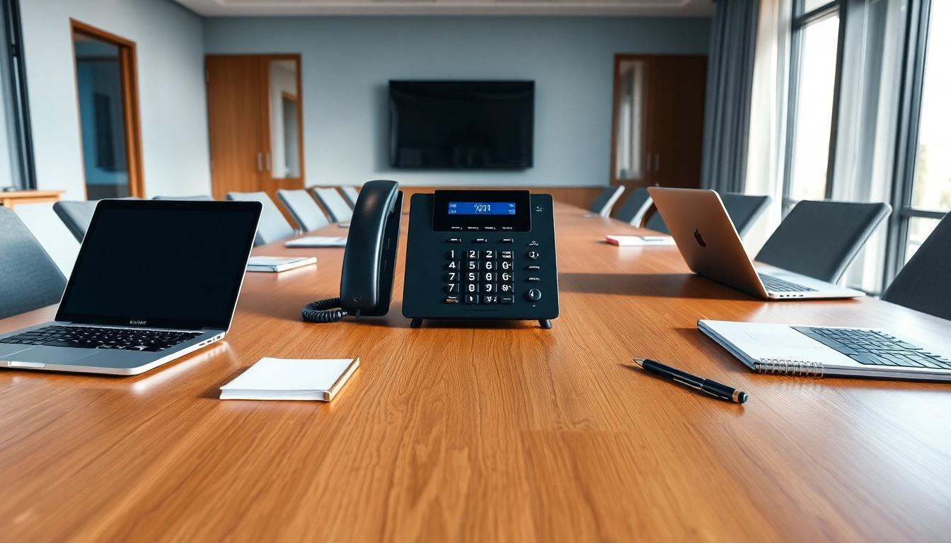 Explore the latest office phone systems showcased in a modern conference room setup.