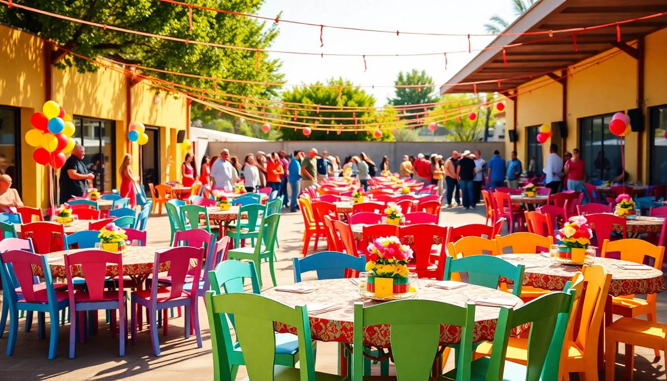 Showcasing vibrant Party Rentals in a lively outdoor celebration filled with guests and decorations.