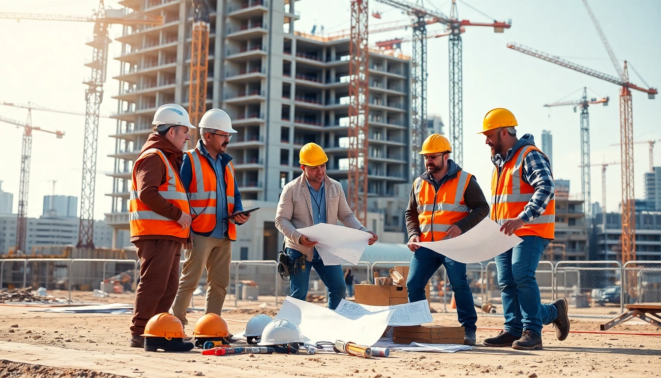 Illustration of a construction association team collaborating at a project site.
