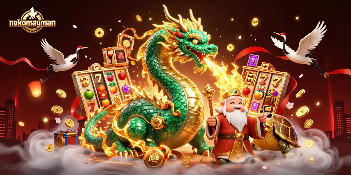 Engage with nekomayman in a captivating scene featuring a jade dragon, turtle sage, and lucky cranes amidst slot machine action.