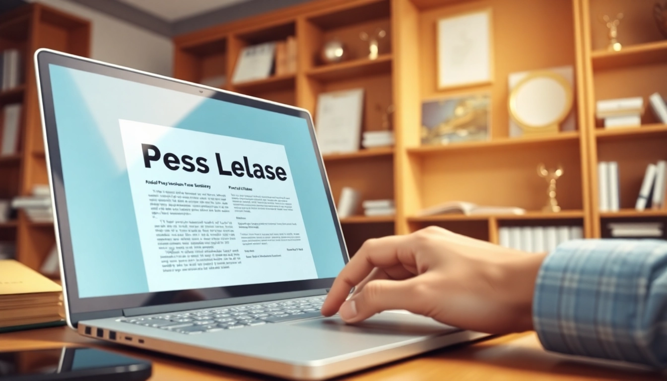 Engaging scene depicting a press release submission process on a laptop in a professional setting.