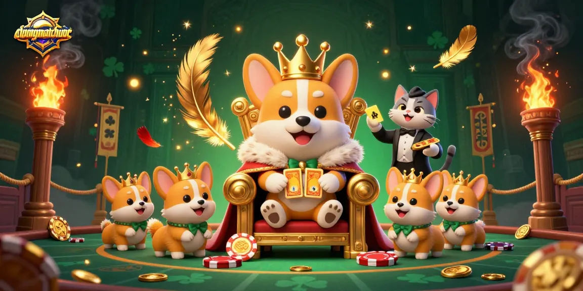 Experience the exciting gameplay of duongmatchuoc with a royal corgi on a throne of poker chips!