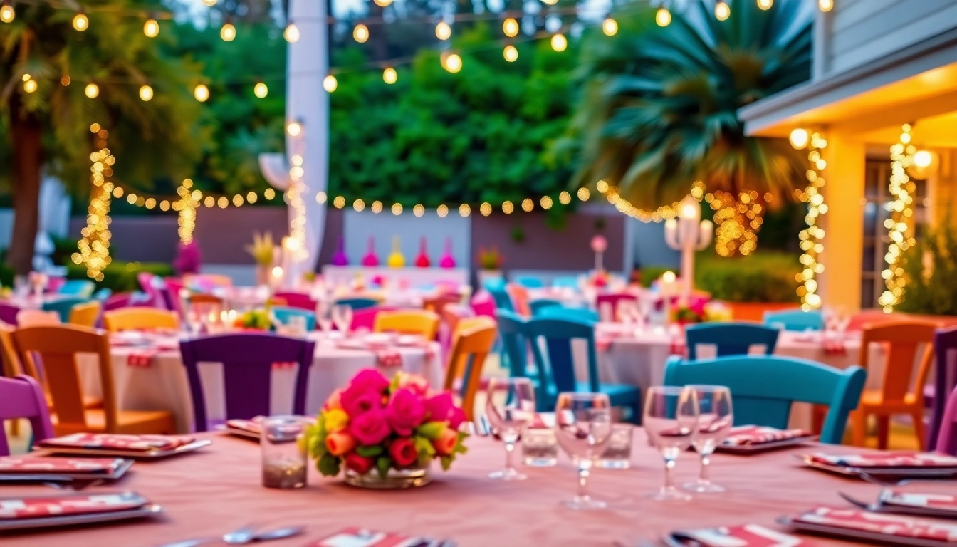 Party Rentals Las Vegas setup with vibrant tables and chairs for a lively event