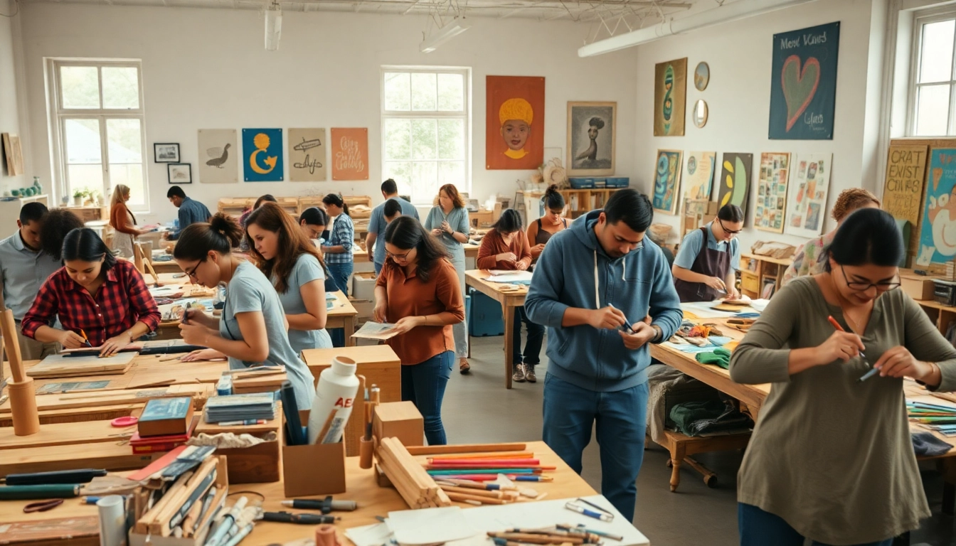 Engaged participants in craft training programs creating a vibrant community in a studio.