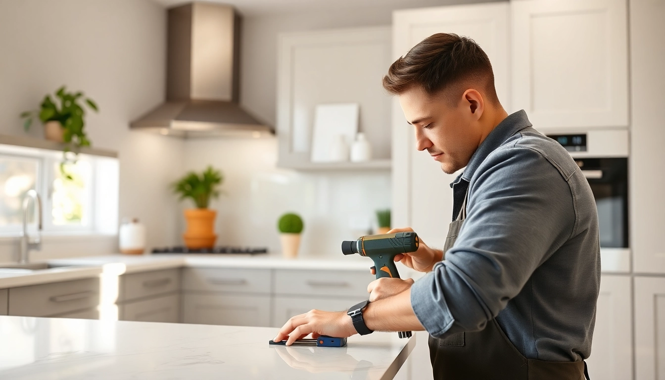 Kitchen fitter expertly installing cabinets in a bright, modern kitchen space.