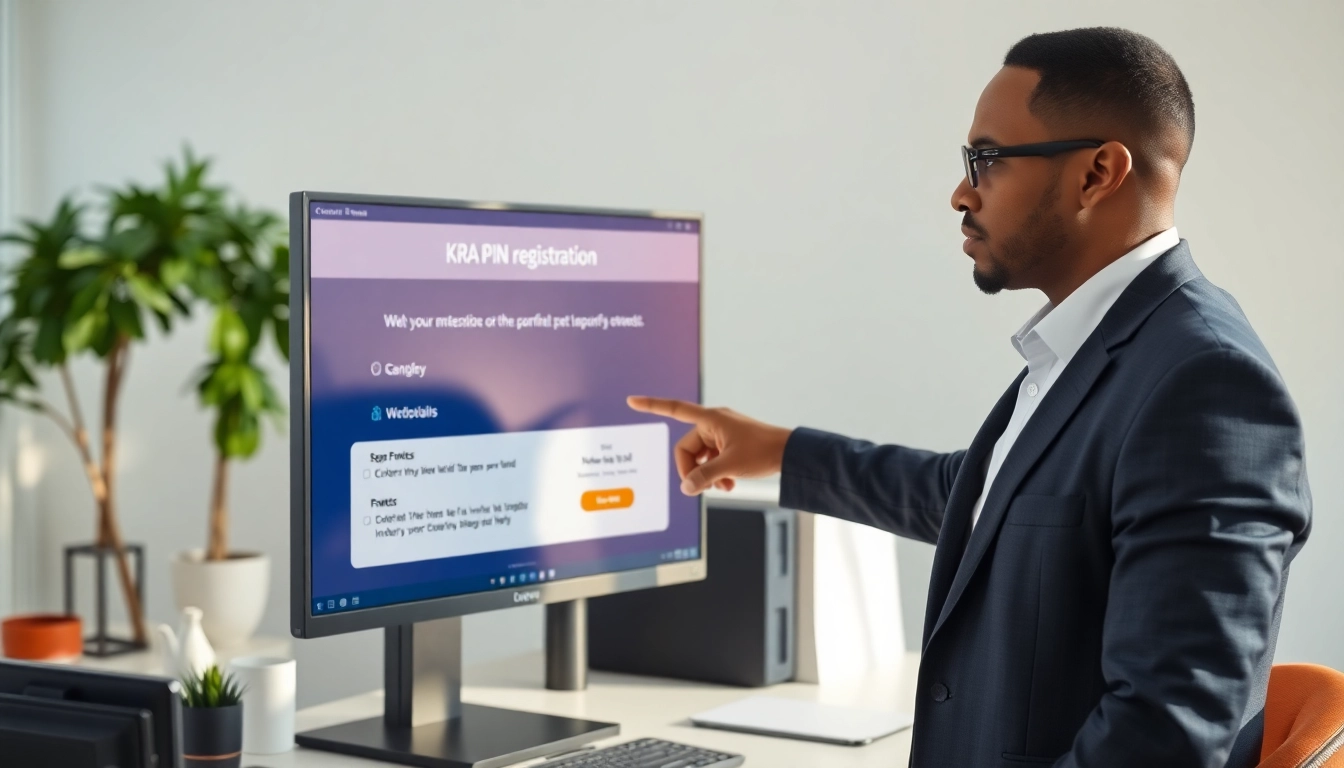 KRA PIN Registration for Foreigners illustrated with a professional guide assisting in a bright office.