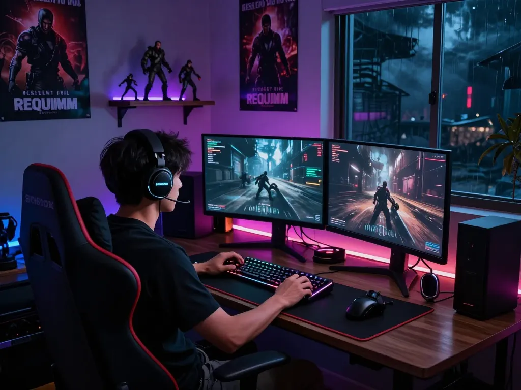 Immersive gaming scene featuring Resident Evil Requiem gameplay on dual monitors, with atmospheric lighting.
