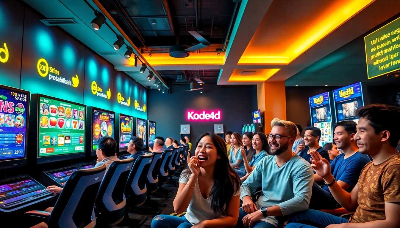 Experience the thrill of Kode4d's gaming lounge with vibrant players and engaging slot screens.
