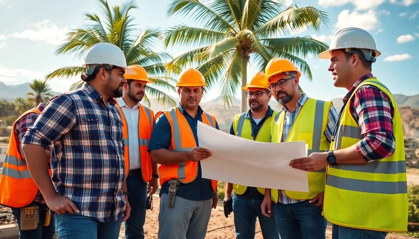 Hawaii construction association team collaborating at a sunny Hawaiian job site with tools.