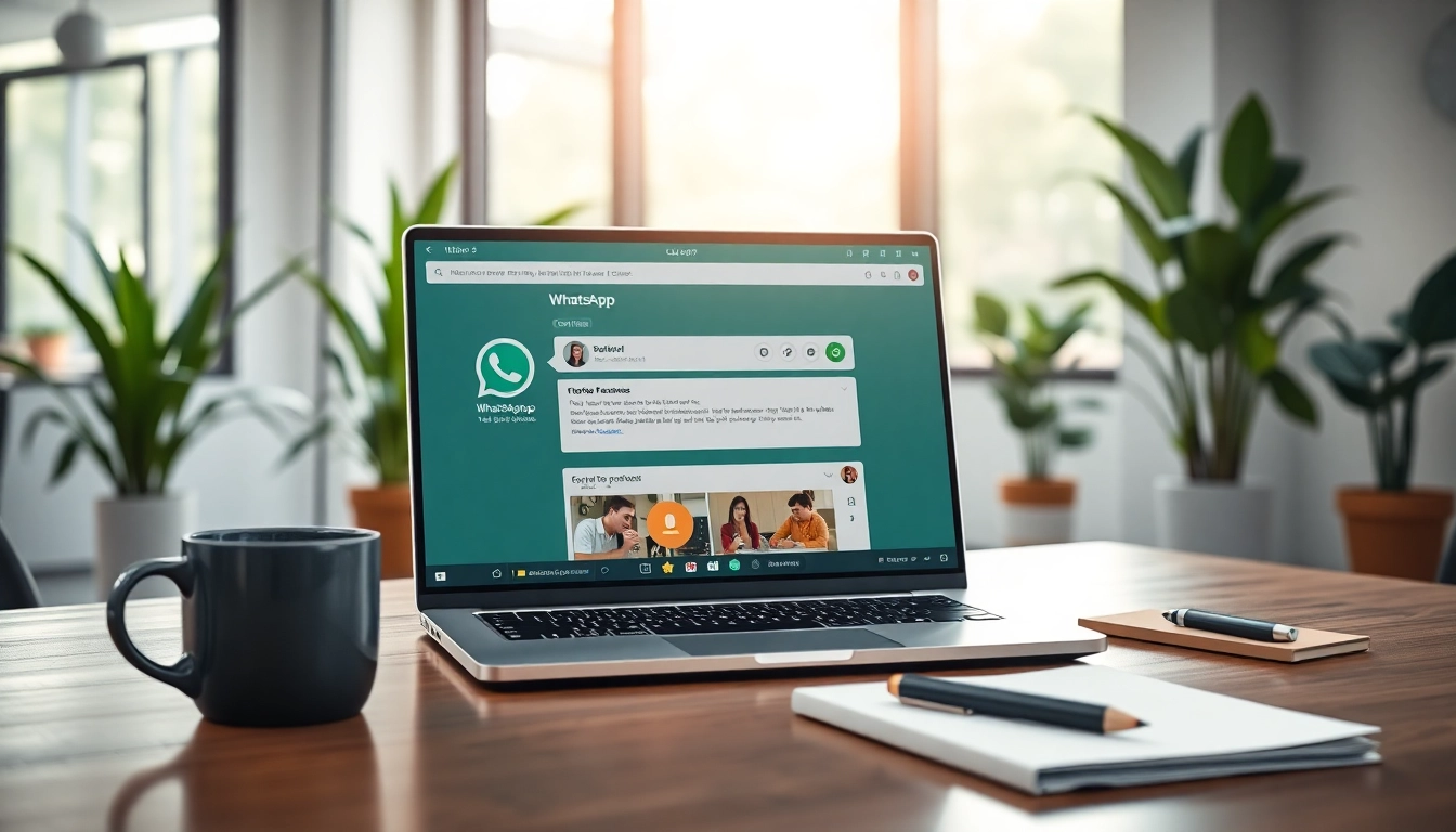 What is a CRM for WhatsApp showcasing a laptop with a user-friendly interface in a bright office.