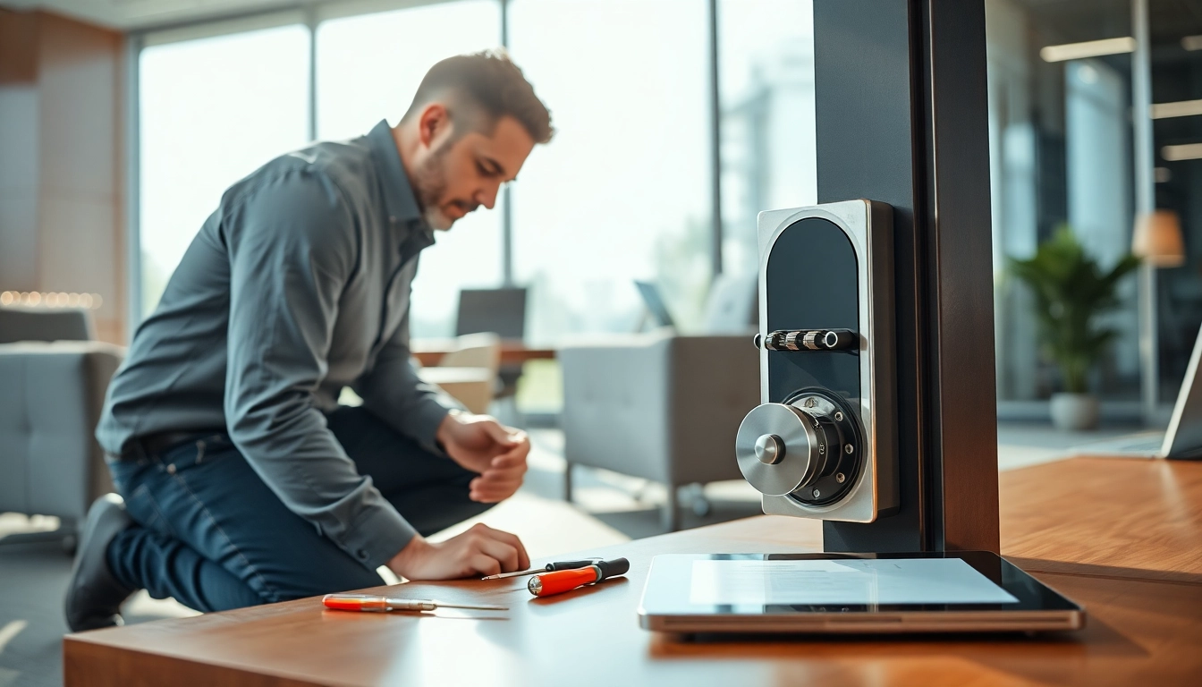 Business lock replacement service highlighted as a professional locksmith works in an office setting.