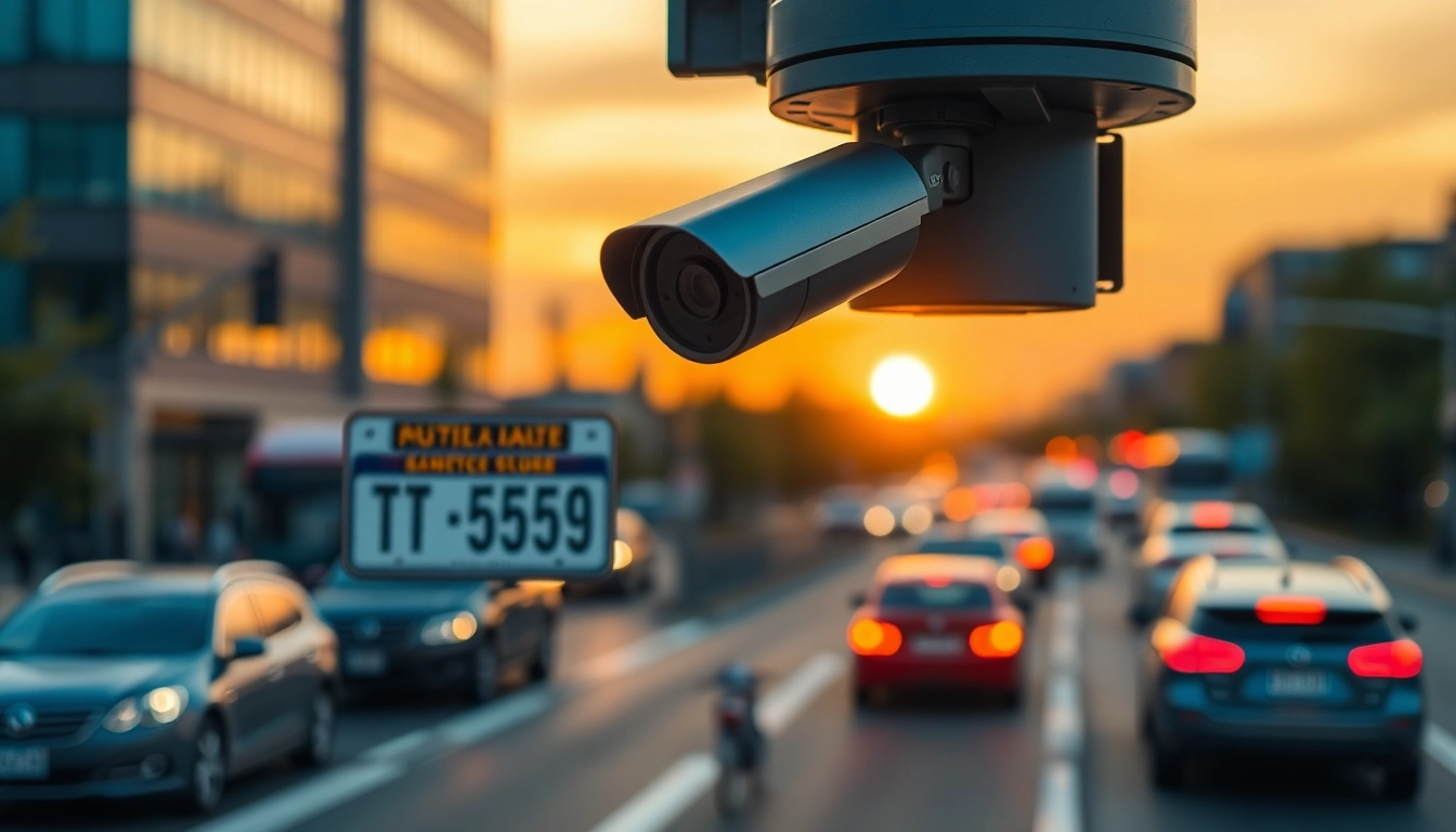 Automatic license plate recognition technology monitoring vehicles in a busy urban area.