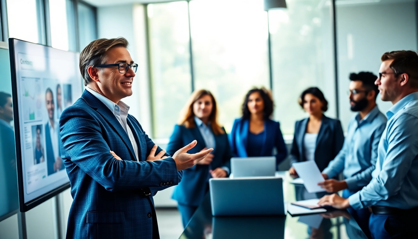 Executive Communication Coach leading a professional workshop with executives in a modern office.