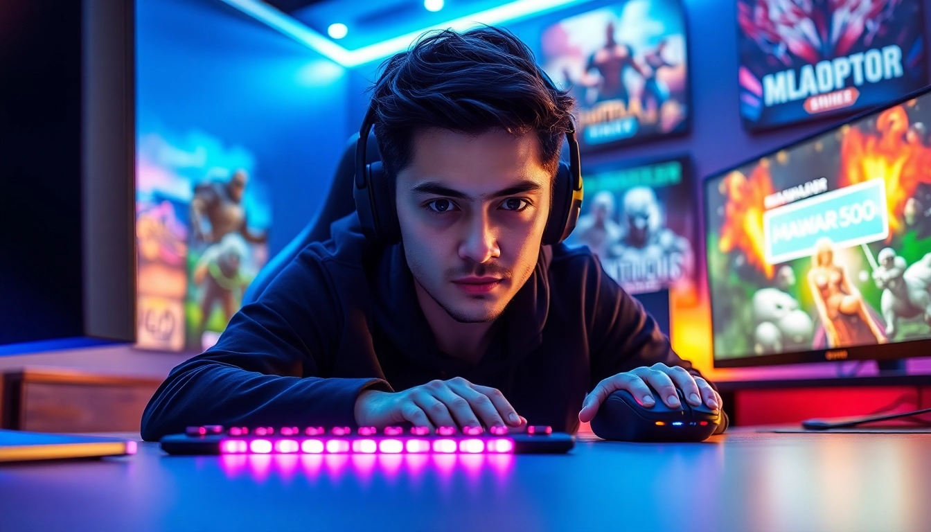 Masuk ke permainan mawar500 login game dengan gamer terfokus di depan layar besar.