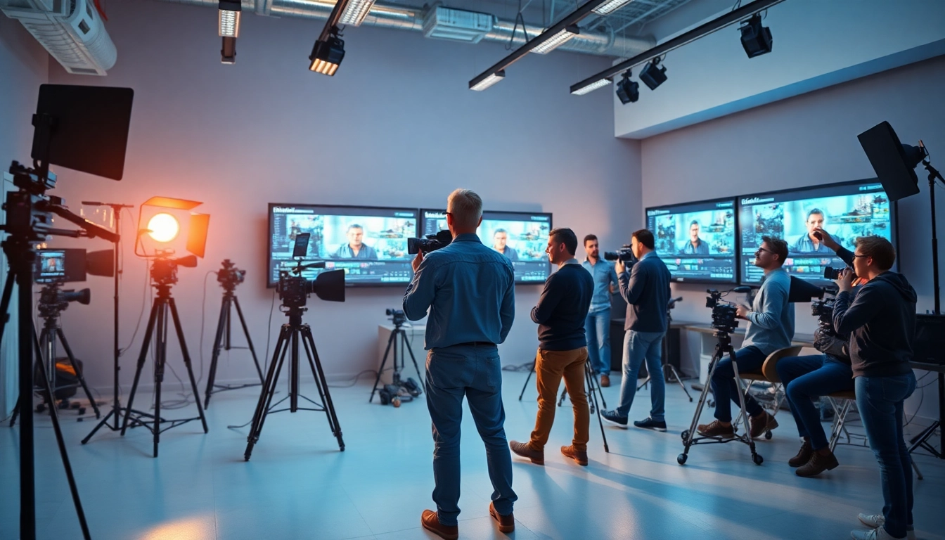 Engaged team of edmonton production companies collaborating in a modern studio setting.