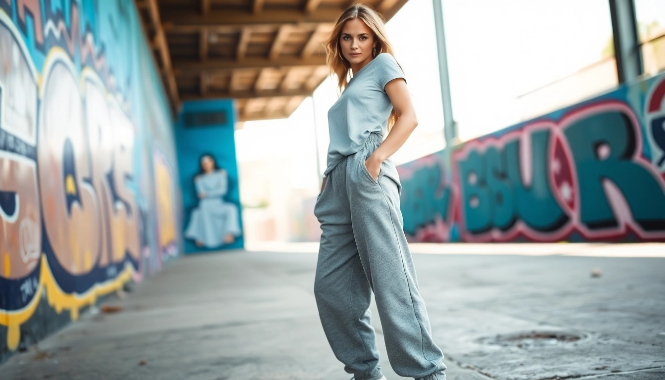 Model showcasing trendy baggy sweatpants in an urban graffiti setting.