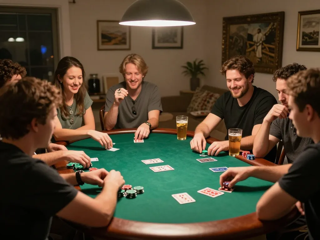 Friends playing poker at home during a fun night showcasing 888 VI gaming strategies