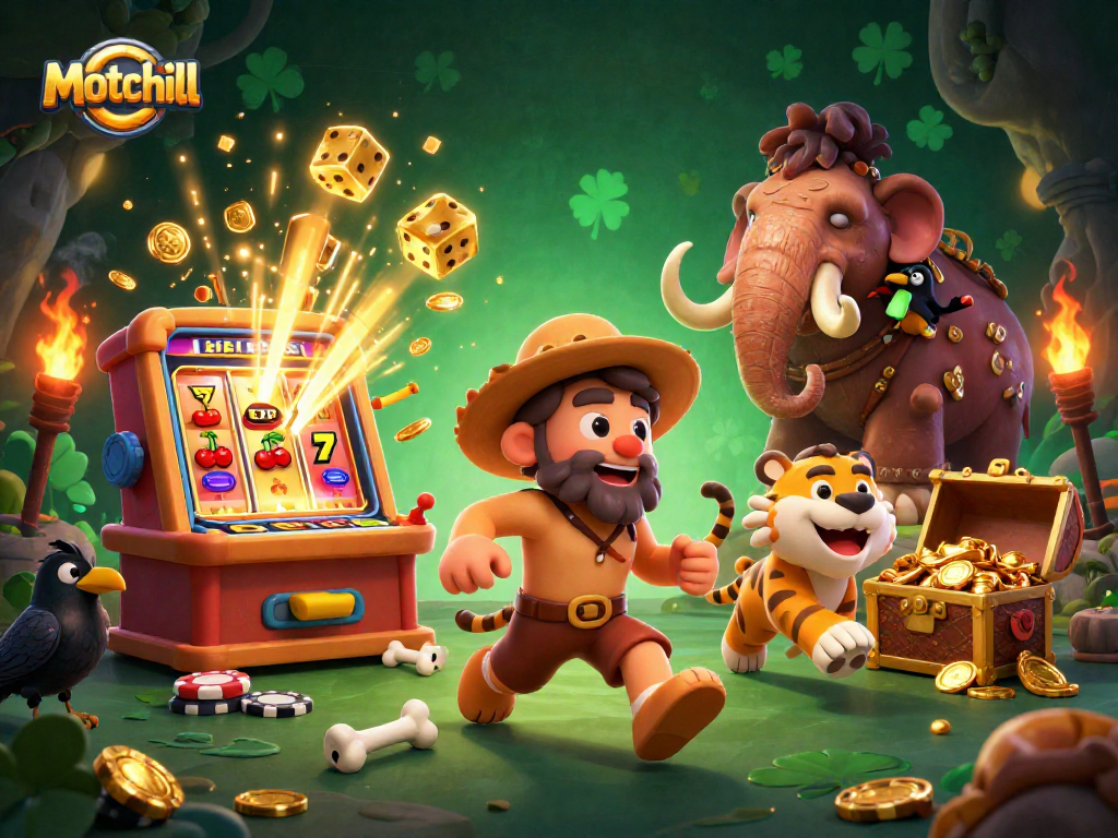 Motchill players enjoying an exciting jackpot experience in a dazzling prehistoric casino scene.