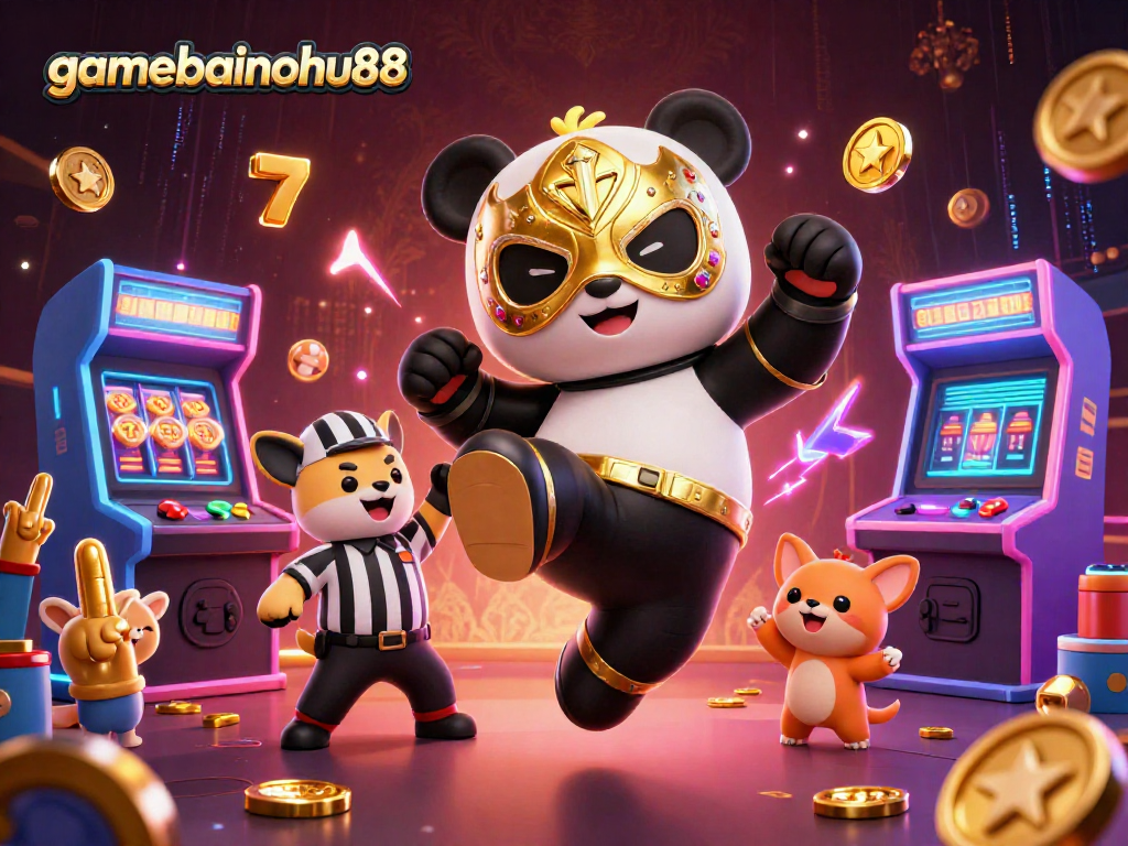 Engage with gamebainohu88 as the panda wrestler performs an epic kick amid slot machines and cheering fans.