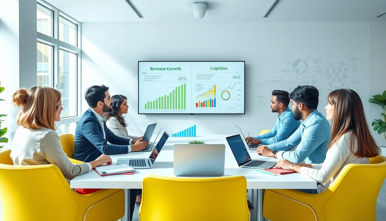 Achieving Revenue growth through collaborative business strategies in a bright office.