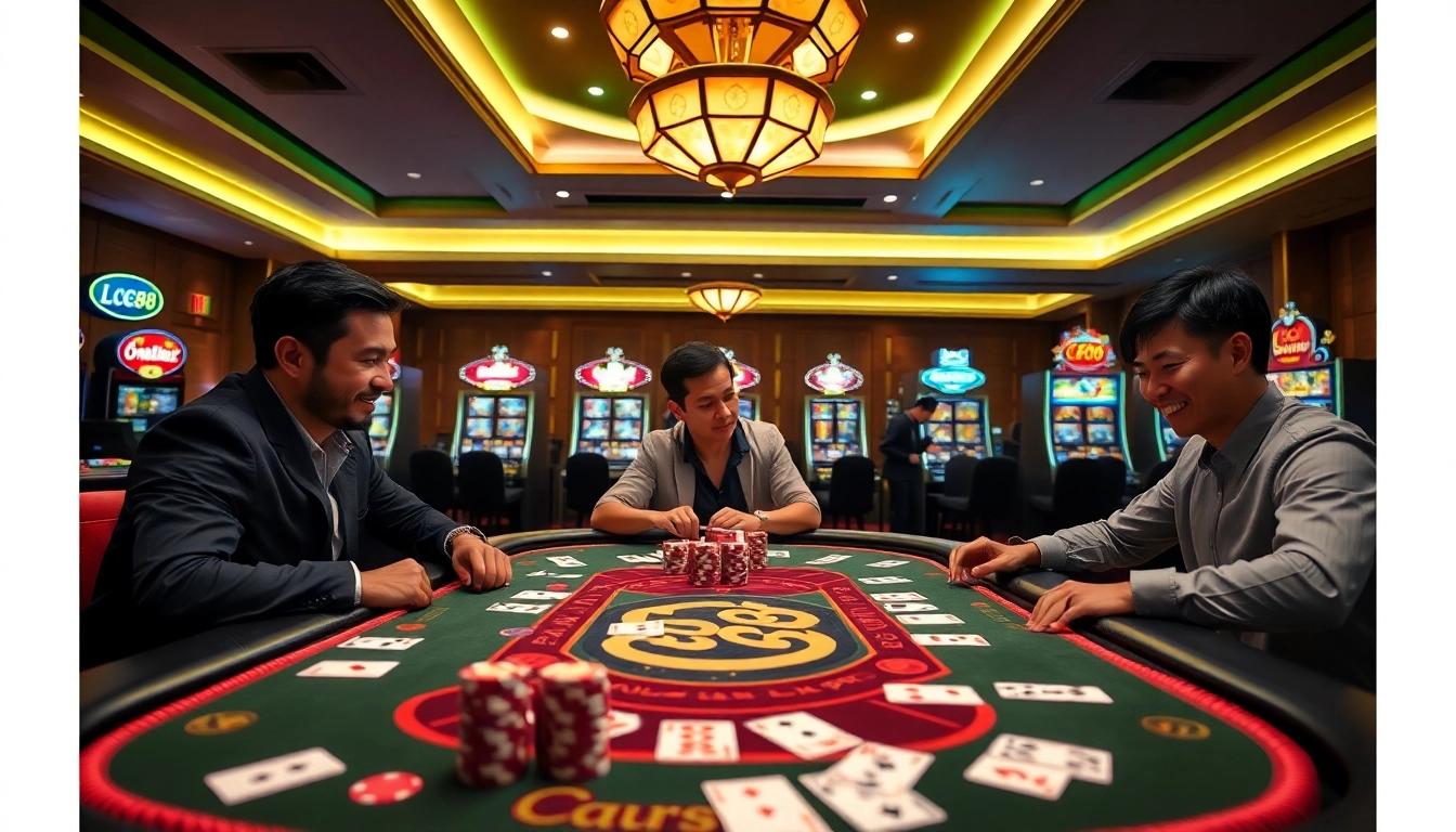 Experience the excitement of LC88 at a luxury casino table with poker chips and cards.