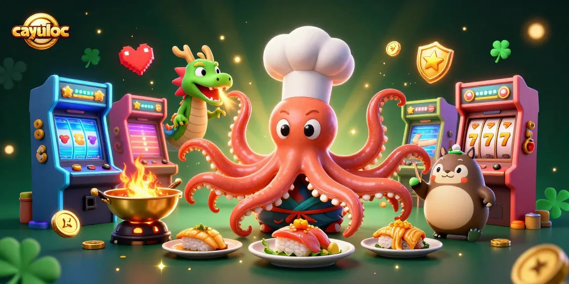Caytailoc showcases a vibrant, action-packed scene with a cartoon sushi chef octopus and a dragon, highlighting engaging casino elements.