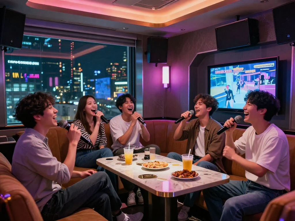 강남 타이밍의 프리미엄 노래방에서 친구들과 즐거운 시간을 보내는 모습