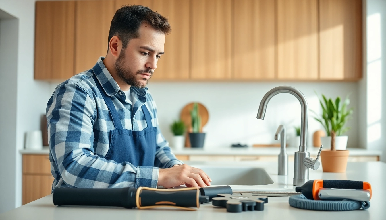 Local plumber fixing a sink in a bright kitchen, showcasing professionalism and expertise.