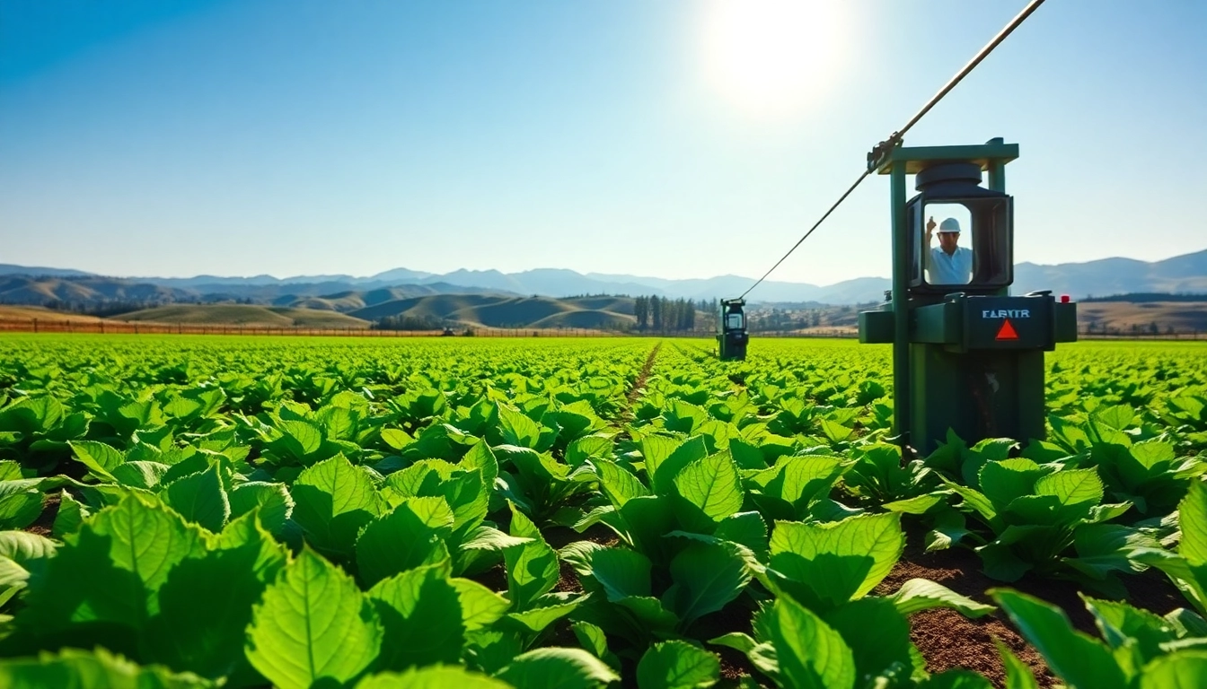 Land irrigation system showcased with thriving crops and natural surroundings.